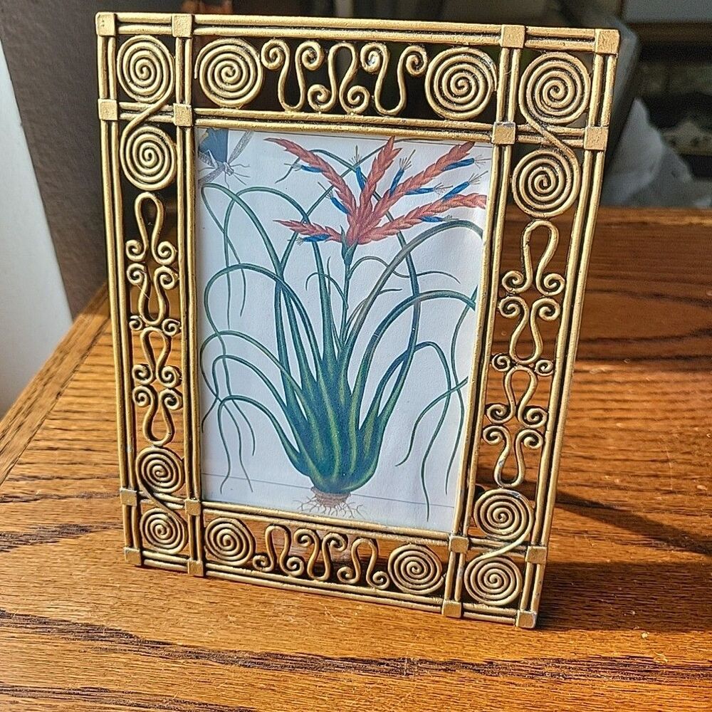 Vtg picture frame features ornate openwork metal hieroglyph antiqued gilt boho